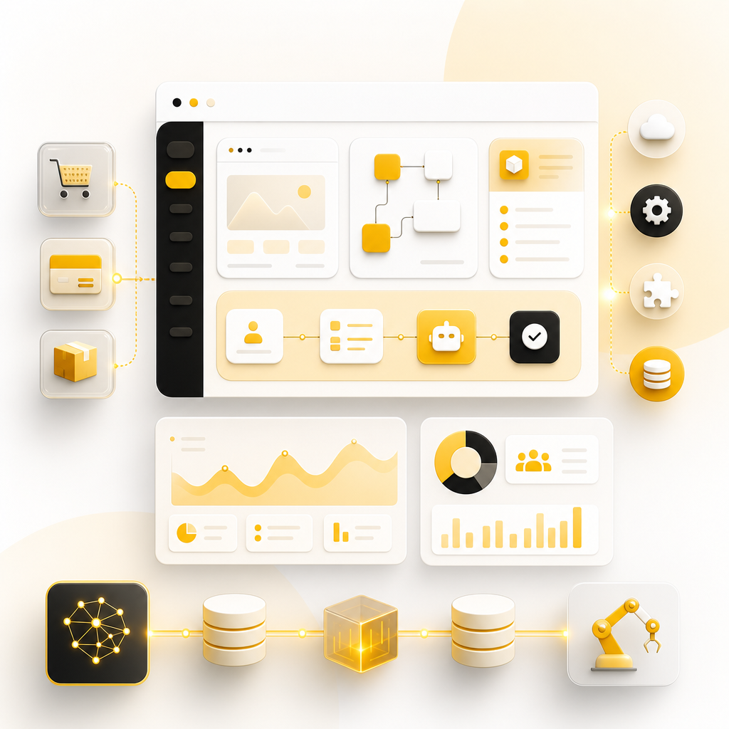 Custom software dashboard illustration with connected workflow cards and analytics panels.