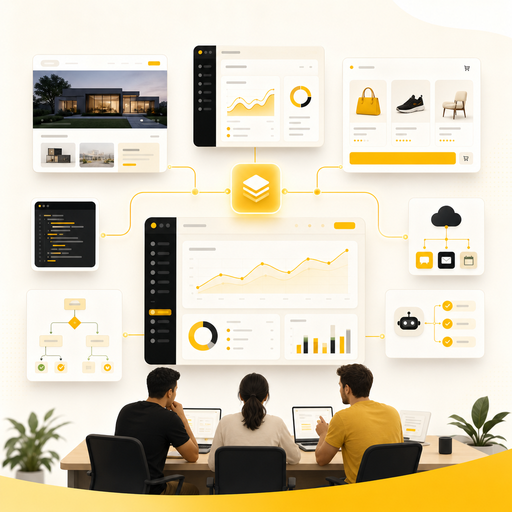 Illustration of custom software, web apps, e-commerce, APIs, and automation connected for SMB growth
