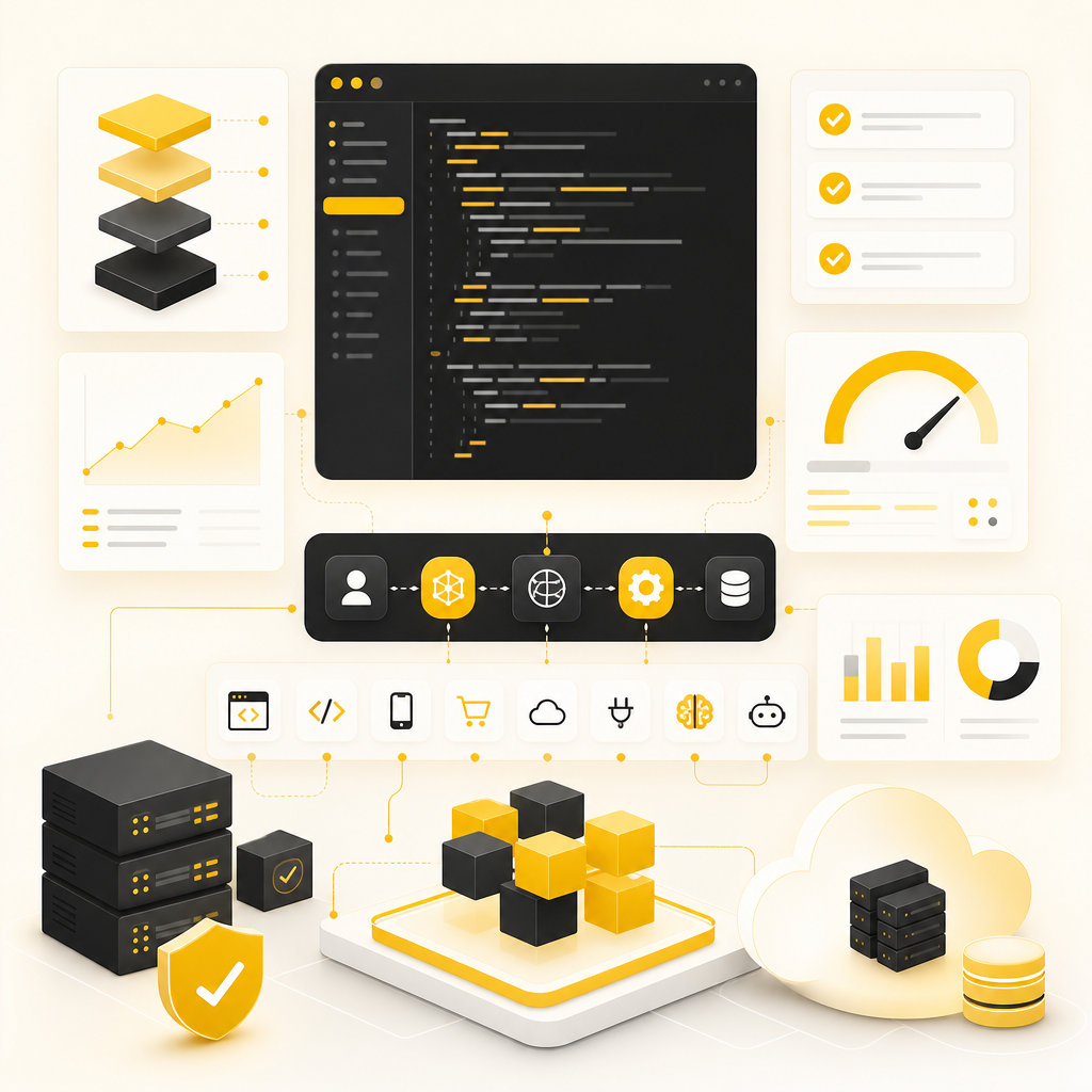 Illustration of full-stack development workflow with clean architecture, integrations, testing, and scalable systems