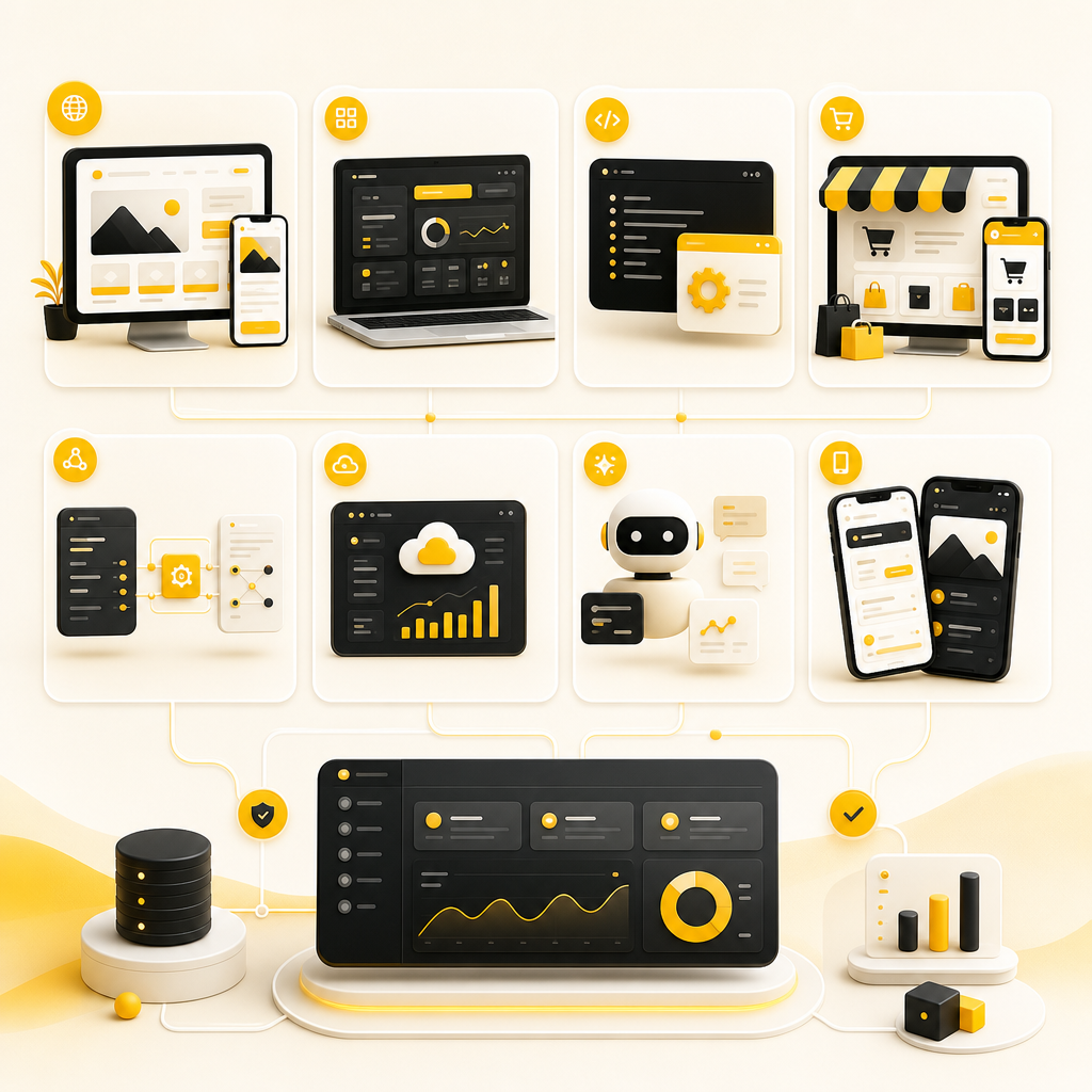 Illustration of SMB digital products including websites, web apps, e-commerce, integrations, SaaS, AI automation, and mobile apps