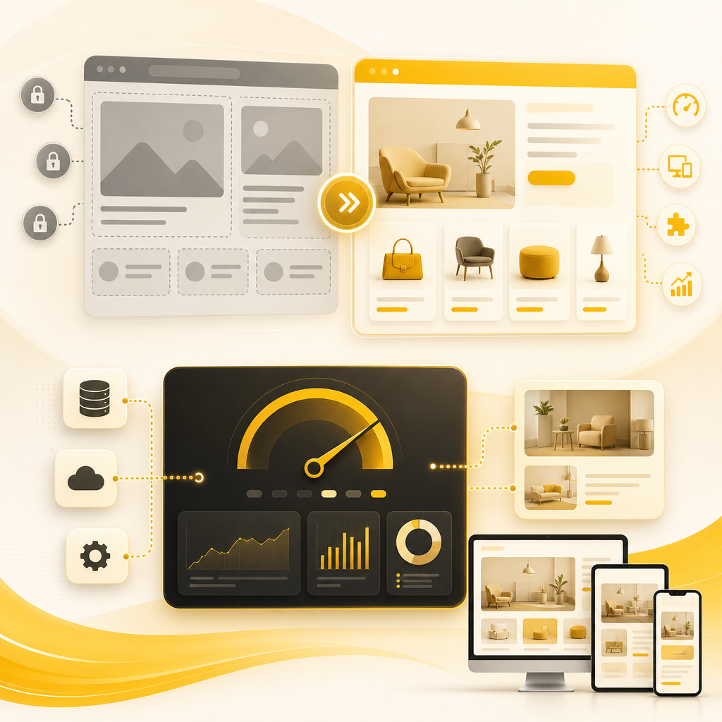 Premium illustration showing custom vs template website components and performance.