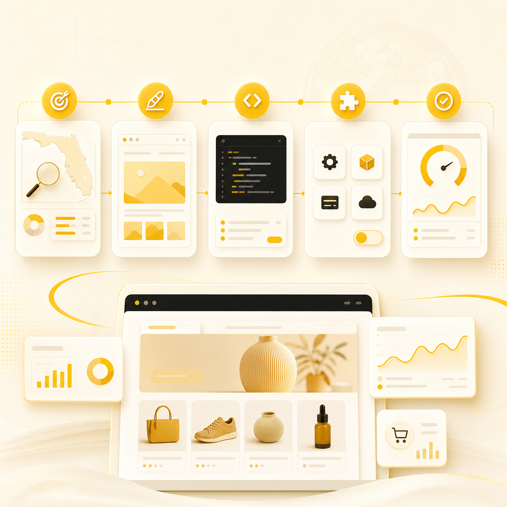 Abstract workflow visualization representing a development and automation process for websites and e-commerce.