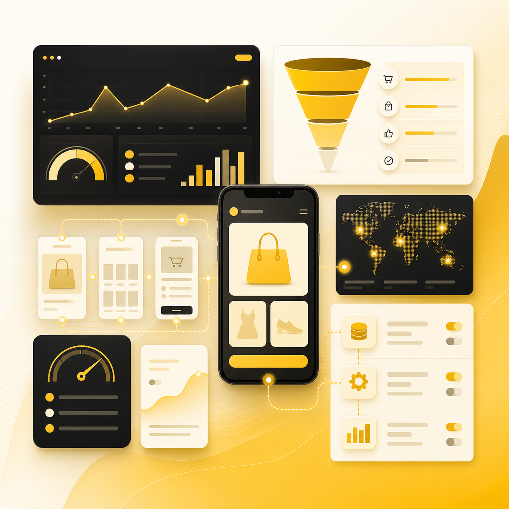 Abstract illustration representing e-commerce performance analytics and conversion flows.