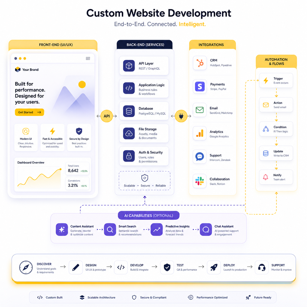 Illustration of custom website development as an end-to-end system with front-end, back-end, and API integration flows.