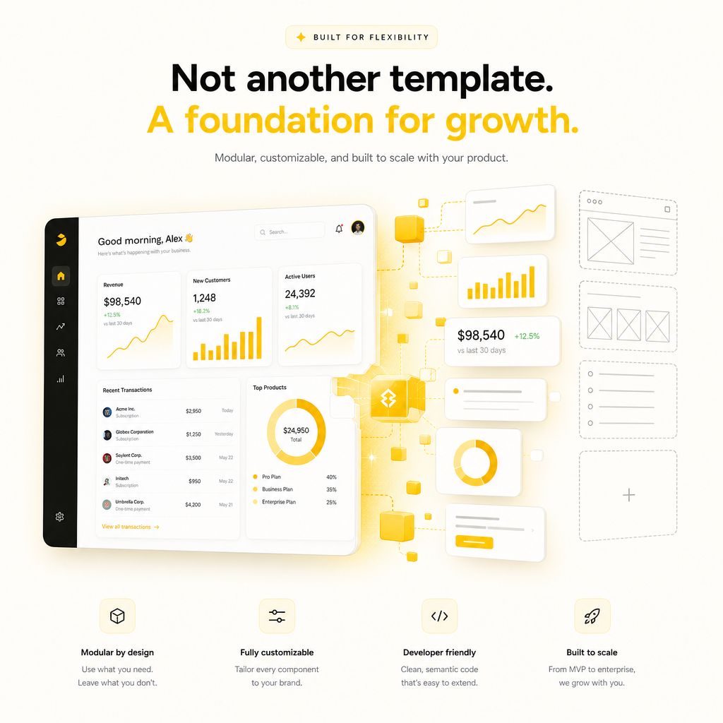 Illustration showing SaaS website needs beyond templates with modular components and conversion-focused UI elements.