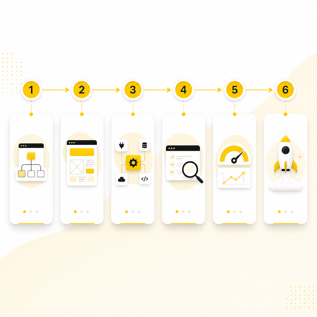 Illustration representing a structured website development process from discovery to launch with QA and ongoing improvements.