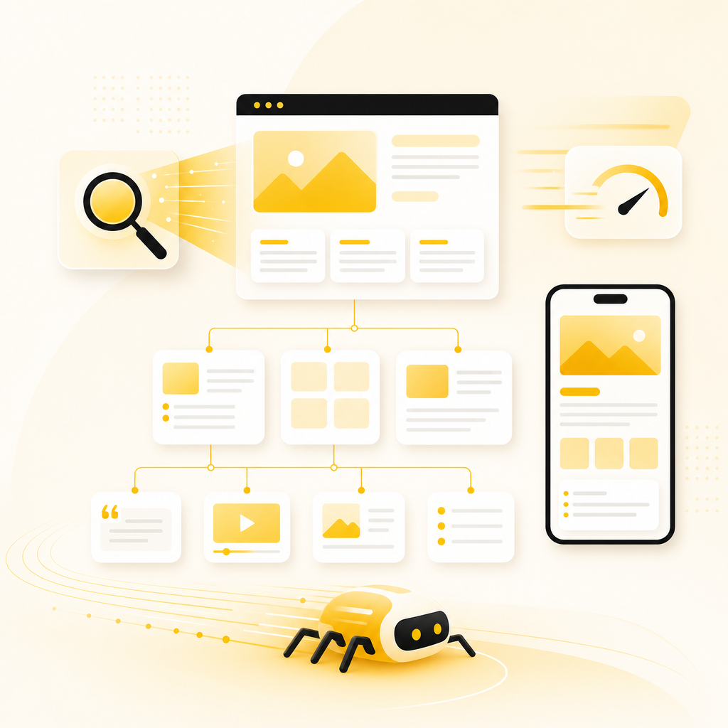Illustration representing SEO-friendly custom website architecture, clean structure, and fast mobile-ready performance.