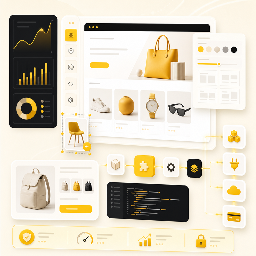Abstract illustration of custom Shopify and WooCommerce development dashboards with components and integration panels.