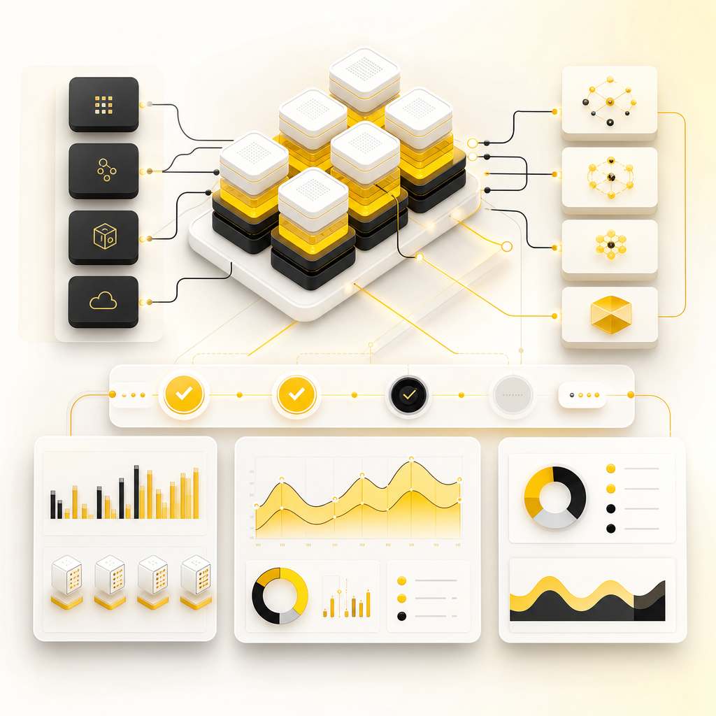 Abstract illustration of scalable enterprise architecture with API connectivity and QA/performance monitoring panels.