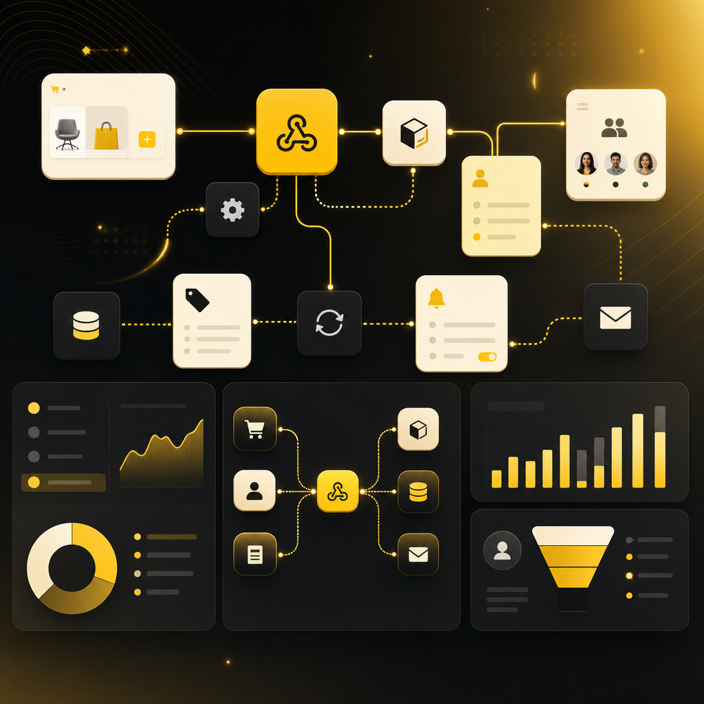 Abstract illustration of workflow automation flows connecting store events to CRM and fulfillment steps.