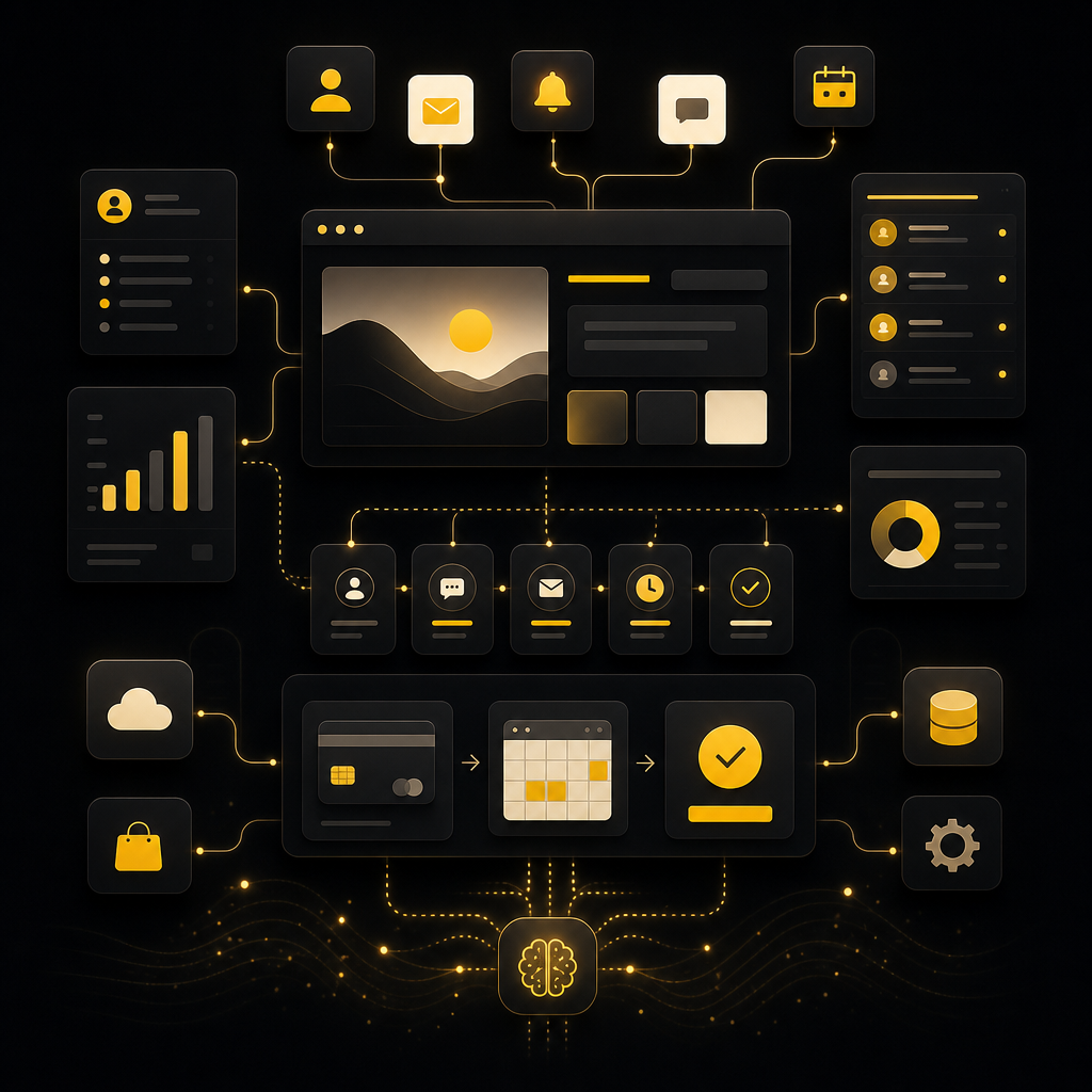 Automation workflow dashboard illustration with connected CRM, payment, booking, and data sync cards