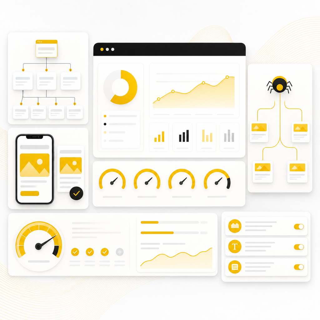 SEO dashboard illustration with site structure, performance, and mobile optimization panels