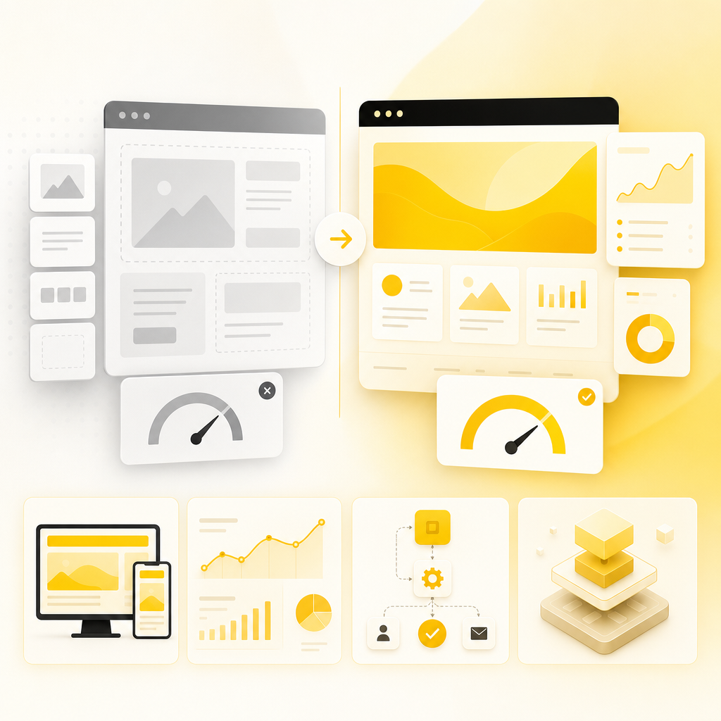 Custom website dashboard illustration with performance and scalability panels
