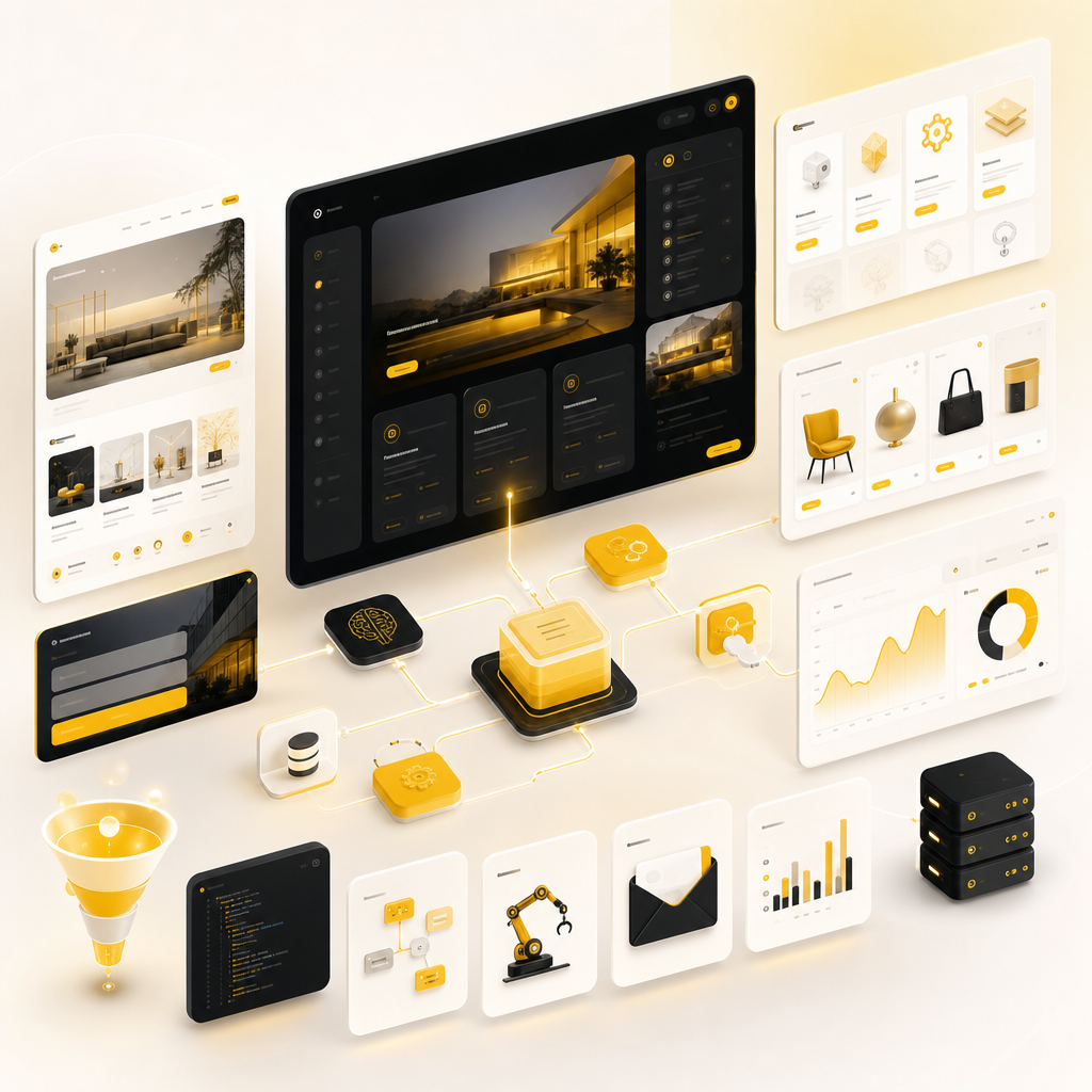 Premium dashboard illustration representing custom website development and connected web systems