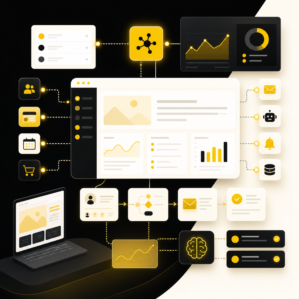 Website integrations and automation dashboard illustration with connected workflow cards