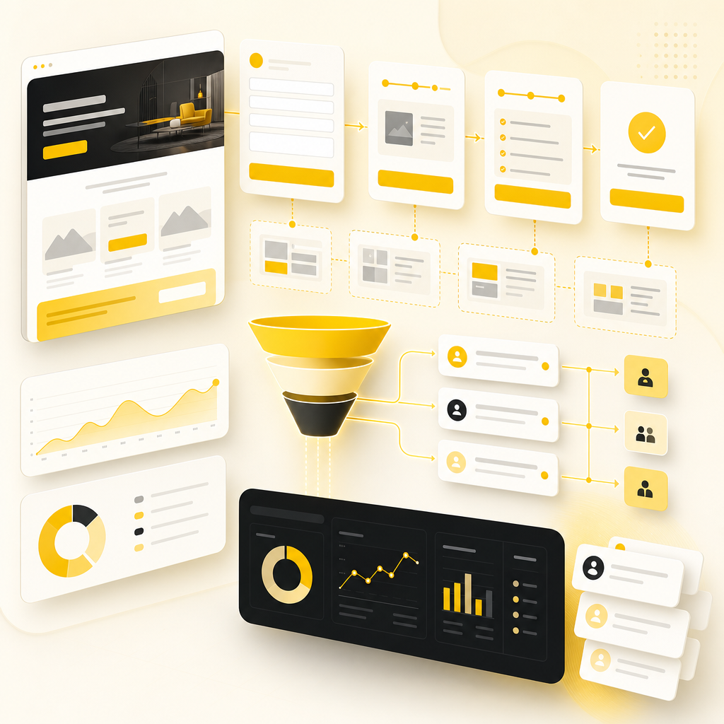 Lead capture dashboard illustration showing forms, landing pages, and CRM routing workflows