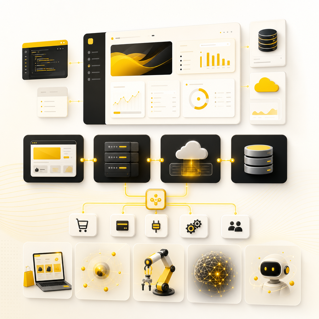 Premium dashboard illustration for full-stack development, cloud apps, integrations, e-commerce, and AI automation.