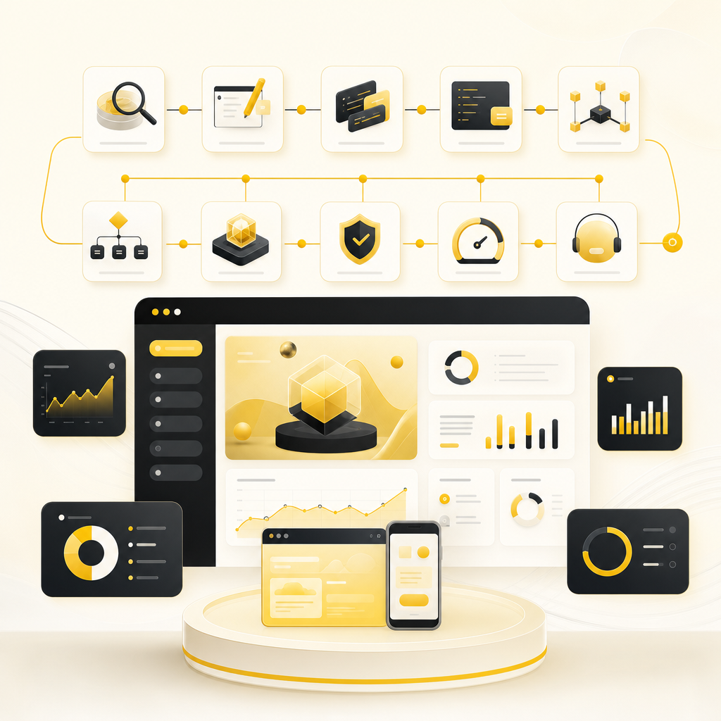SaaS dashboard illustration showing a structured website and systems modernization blueprint.
