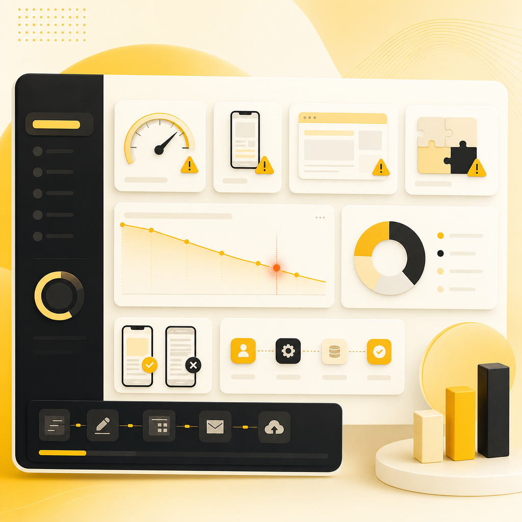 Dashboard illustration showing outdated website performance, conversion, and integration issues.