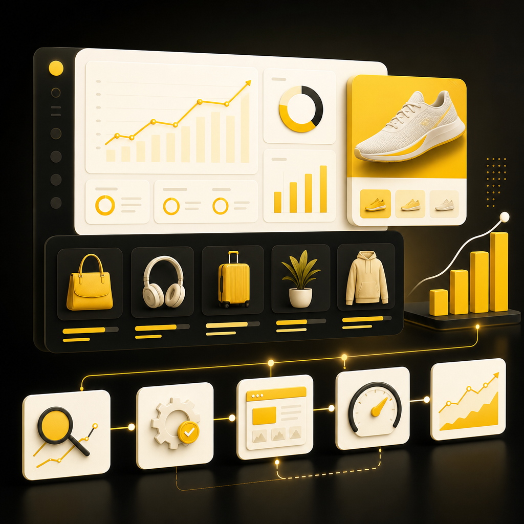 Dashboard-style illustration of ecommerce SEO growth with analytics panels and workflow cards
