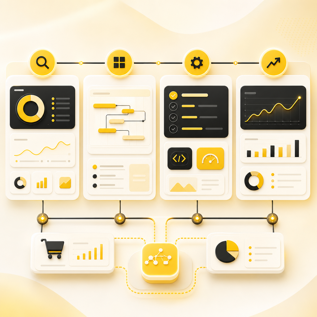 Workflow dashboard illustration showing ecommerce SEO audit, roadmap, implementation, and ongoing optimization stages