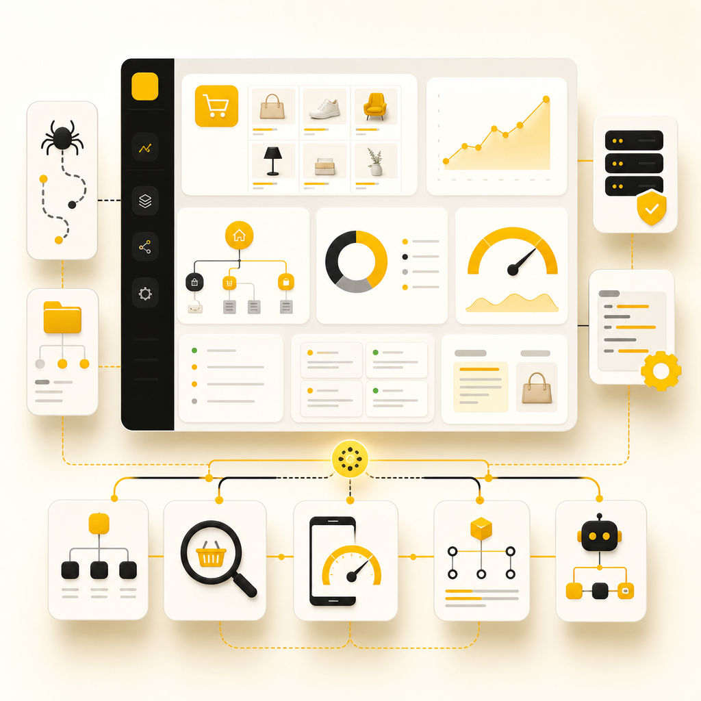 Technical SEO dashboard illustration showing crawl paths, indexing panels, performance gauges, and structured data cards
