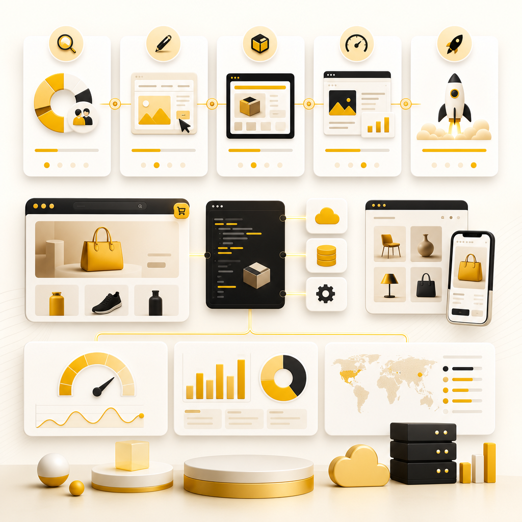 Abstract illustration of a development process pipeline with workflow stages and performance tuning panels.