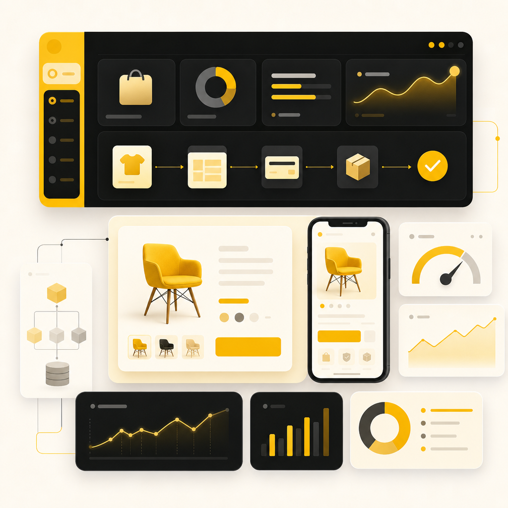 Premium abstract illustration representing ecommerce website design and conversion-focused workflows.