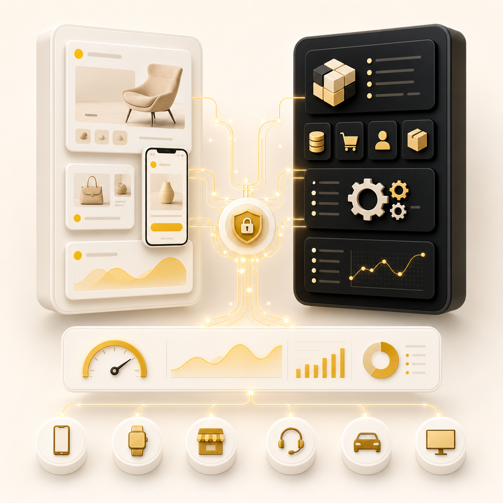 Abstract illustration showing separated frontend and backend modules connected by integration flows.