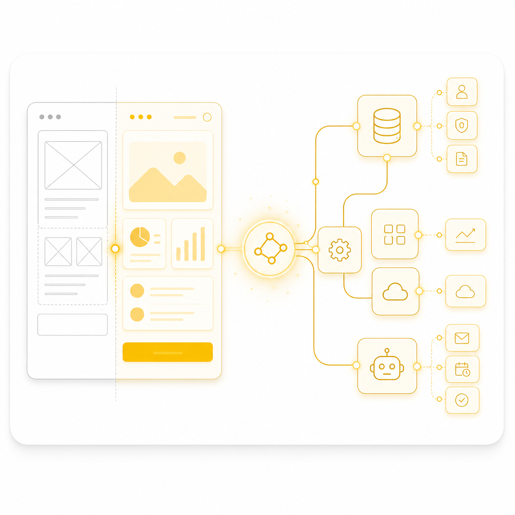 Illustration of one connected full-stack system bridging UI, APIs, databases, and automation-ready back ends.