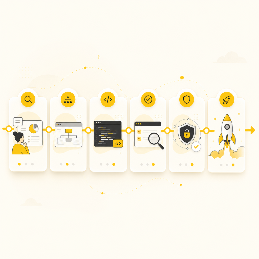 Illustration of a reliable development process workflow from discovery through launch and iteration.