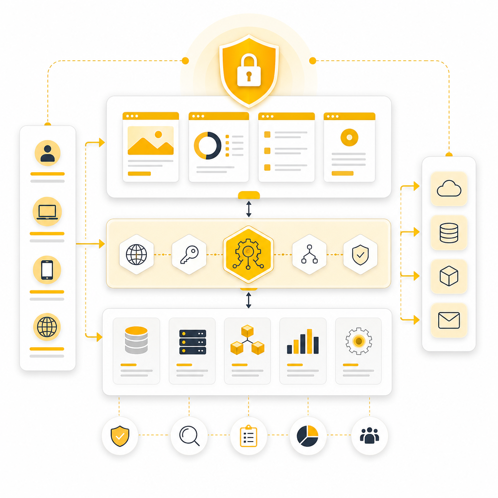 Illustration of an enterprise full stack system architecture emphasizing scalable integration and security.