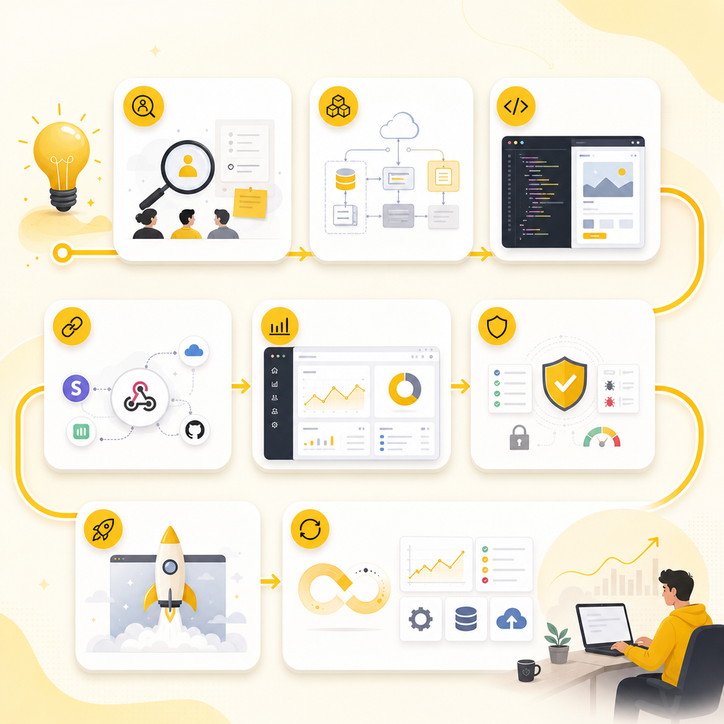 Illustration of a full-stack CRM integration development workflow from idea to launch and maintenance.