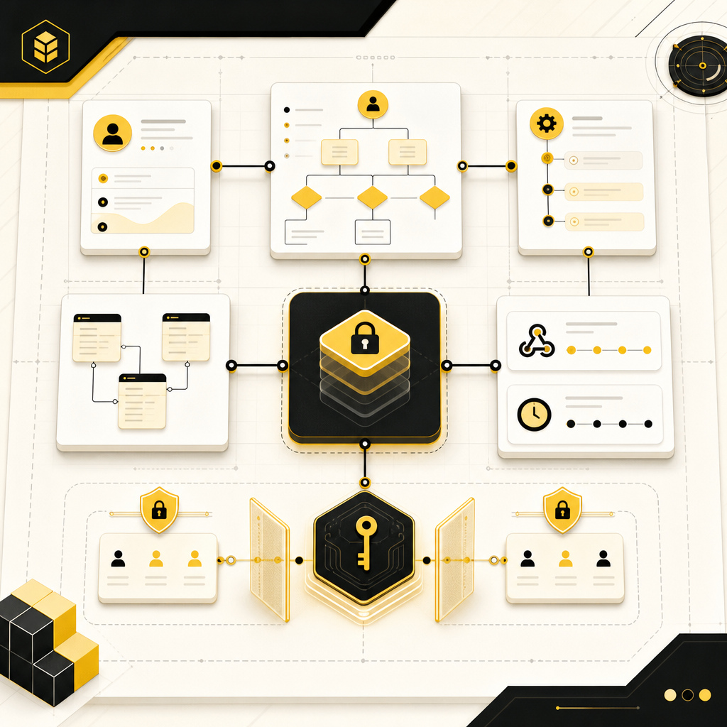 Illustration of IT consulting architecture mapping CRM workflows, APIs, and security planning.