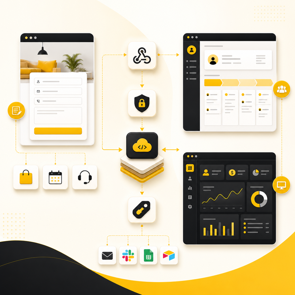Illustration of full-stack architecture connecting website forms, CRM, API layers, and dashboards.