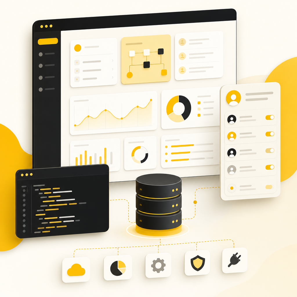 Abstract dashboard-style illustration representing full-stack development and admin workflows.