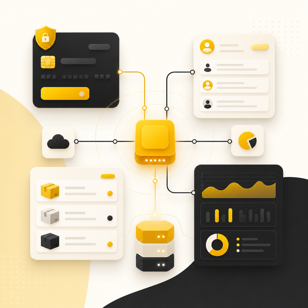 Abstract integration flow diagram representing APIs and third-party tool connections.