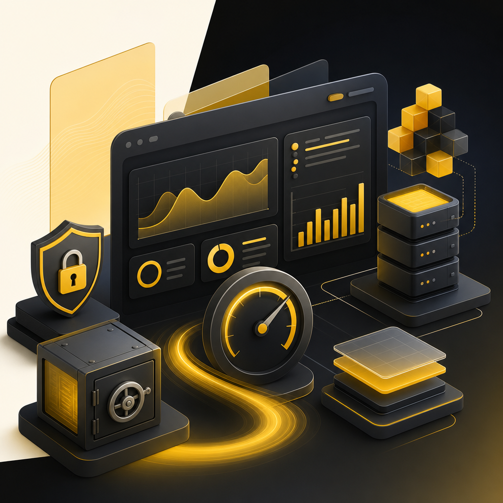 Abstract dashboard illustration representing performance, security, and scalable architecture.