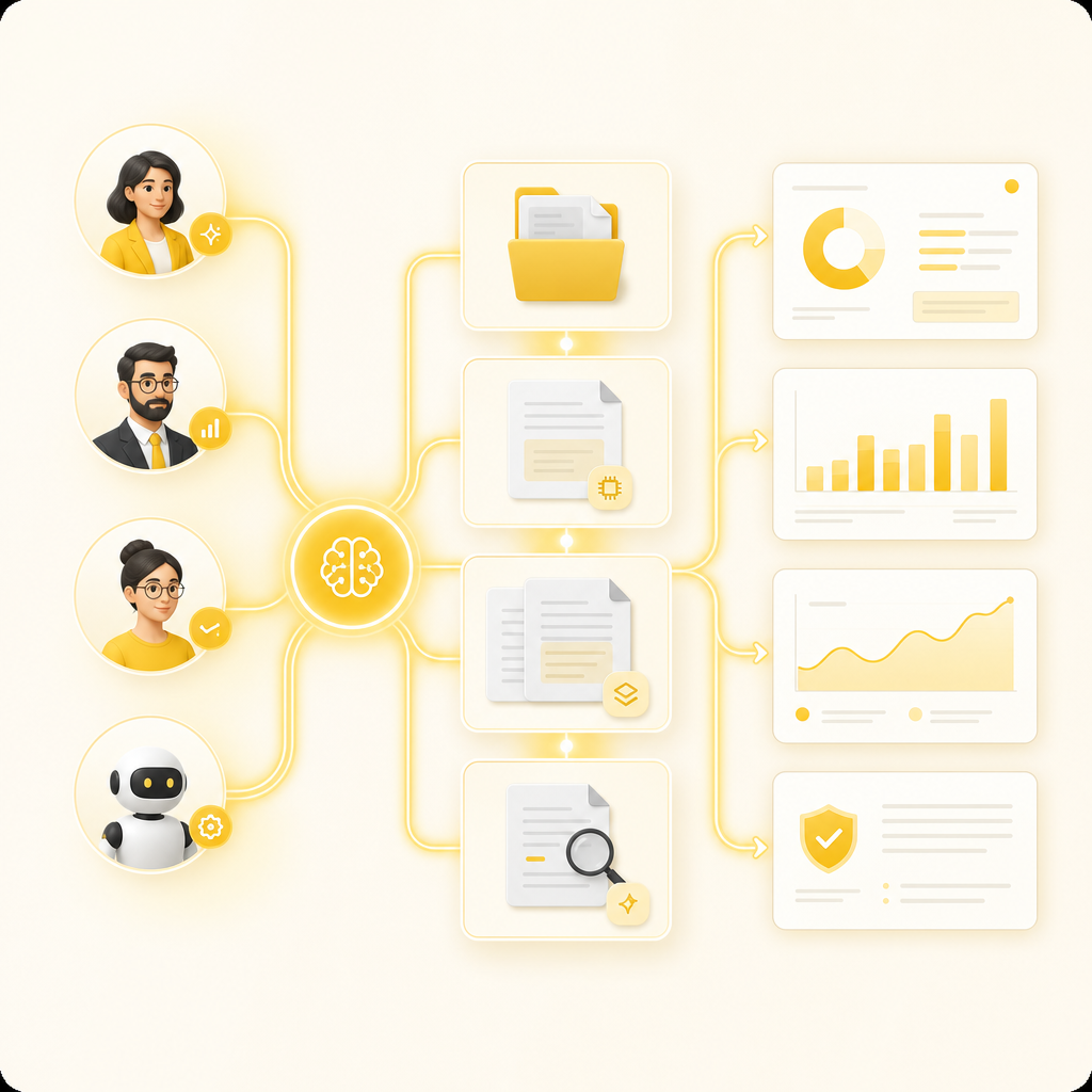 Illustration representing measurable AI automation workflows with agent routing, document processing, and reporting.