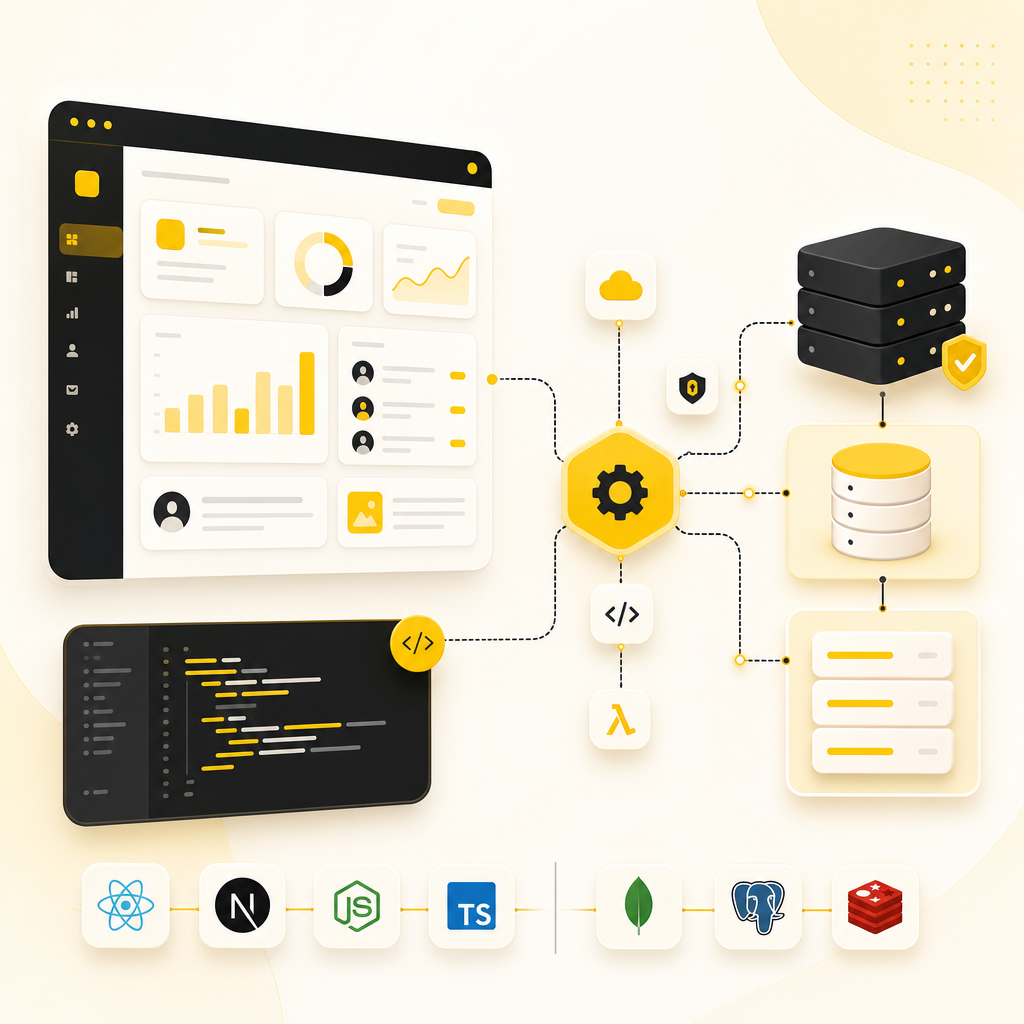 Illustration representing full-stack development with integrated dashboards, databases, and API connections.