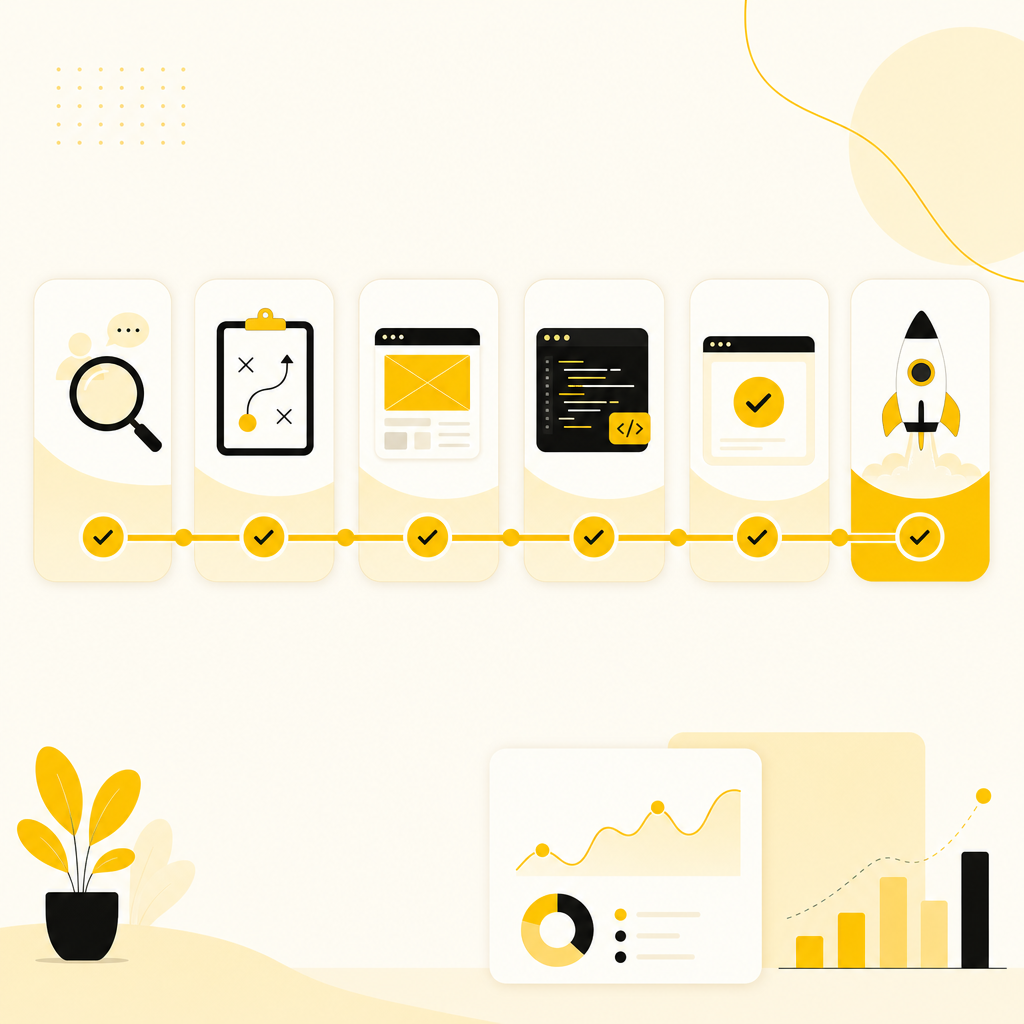 Illustration showing a discovery-to-launch delivery process with sequential steps for building and optimizing digital systems.