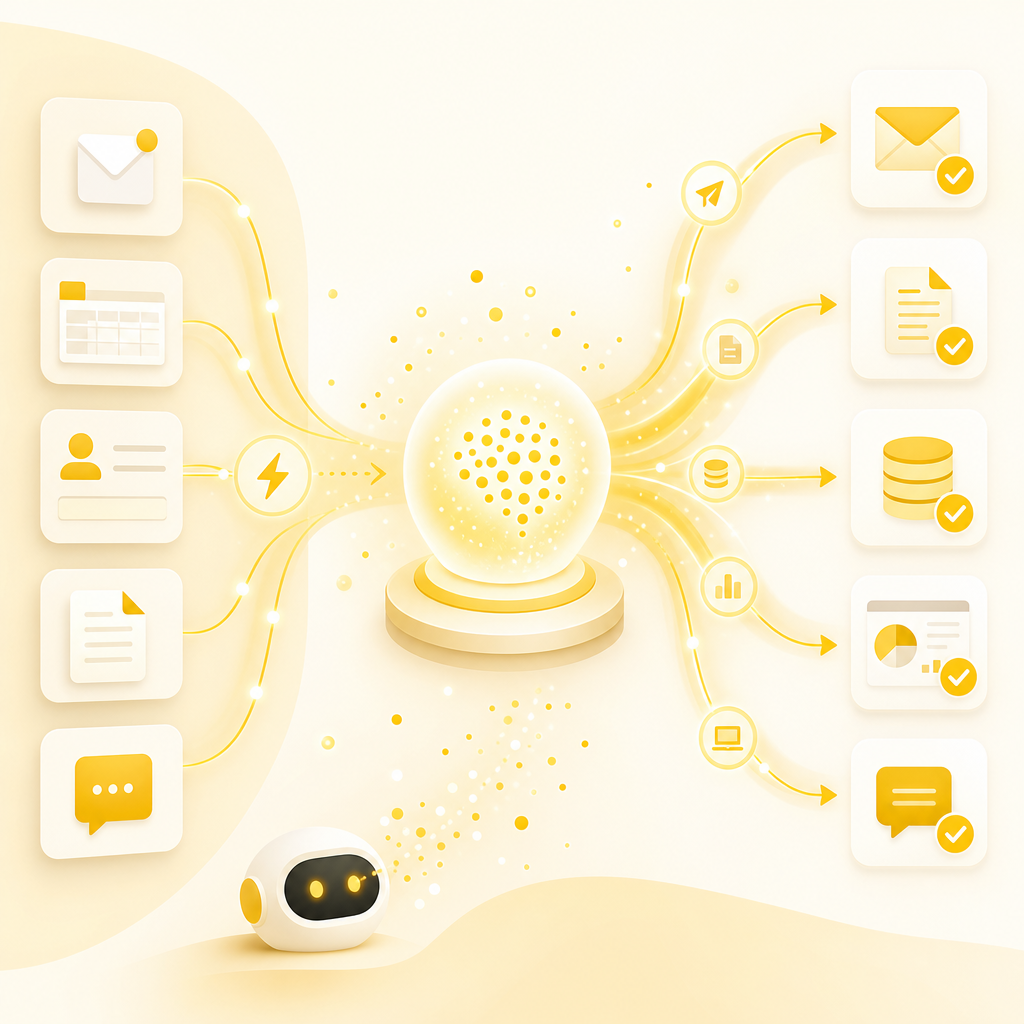 Illustration of AI automation moving data between systems using event triggers for faster responses and fewer missed opportunities.