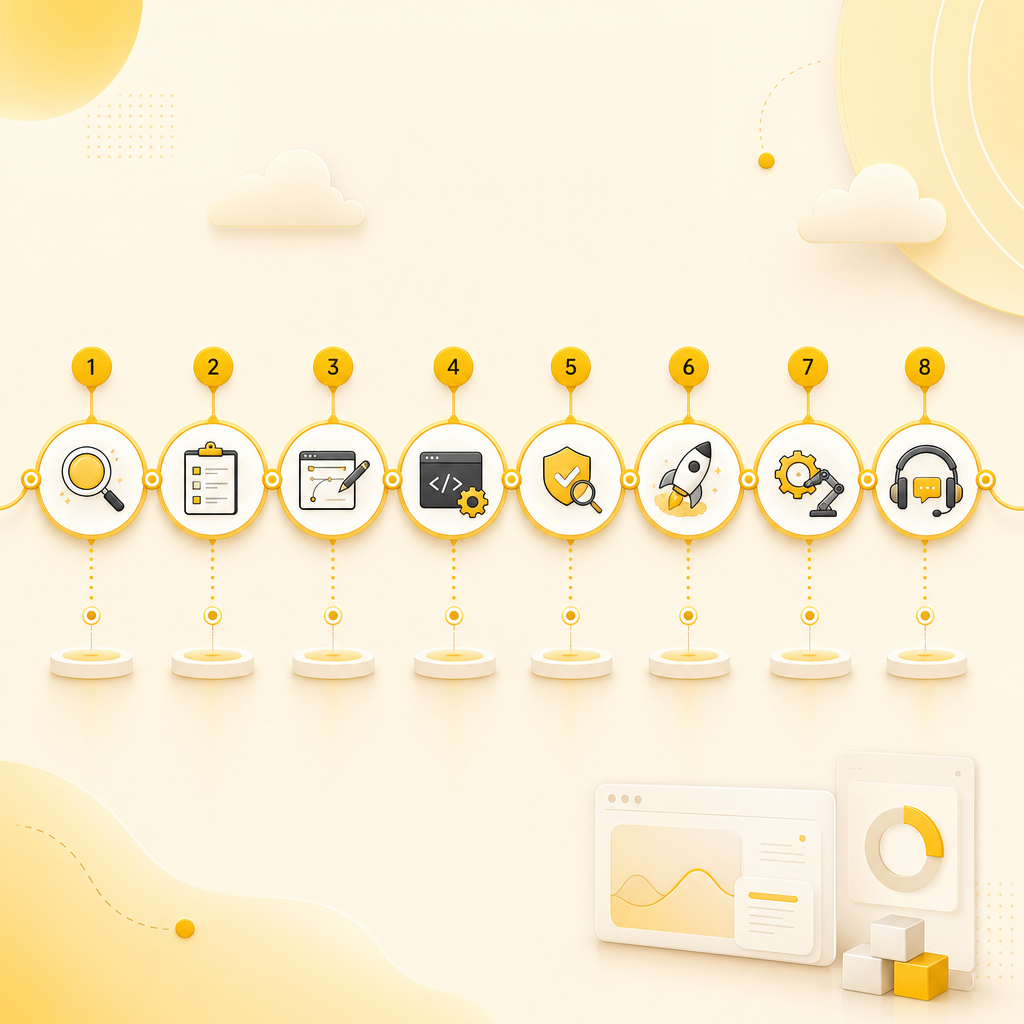 Illustration of a structured build-and-launch process with clear steps from discovery to ongoing support.