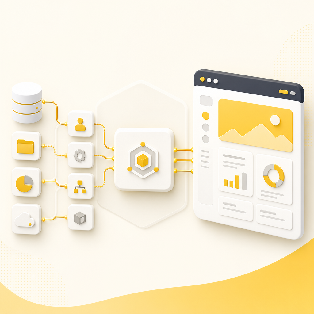 Illustration of a full-stack system connecting website UI, APIs, and database/workflows for faster launches and better conversion.
