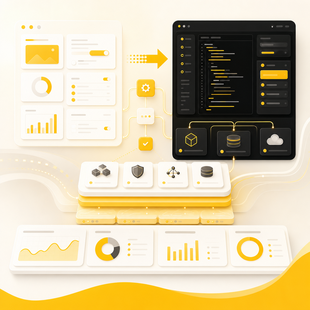Hybrid development illustration showing no-code workflow cards connected to a scalable custom application dashboard.