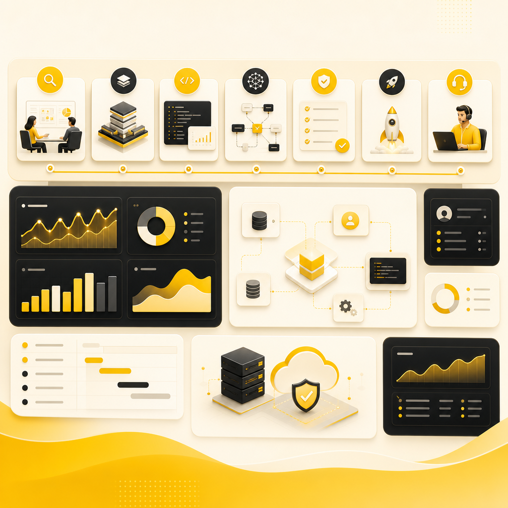 Project delivery dashboard illustration showing milestones, architecture planning, automation, QA, launch, and support.