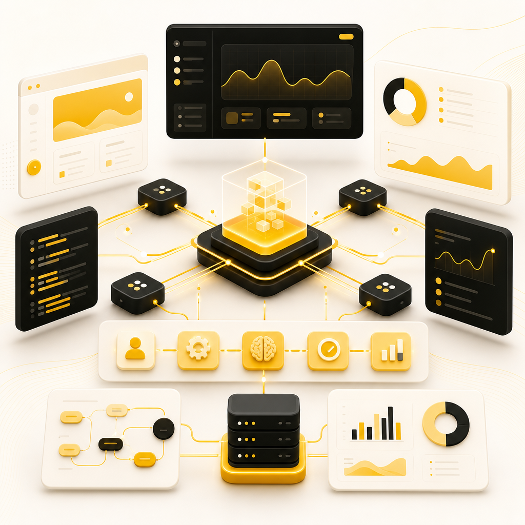 SaaS dashboard illustration showing connected full-stack architecture, APIs, data flow, and automation.