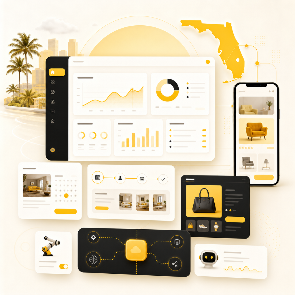 Premium dashboard illustration showing custom software modules, integrations, and mobile-ready app panels for Florida SMBs