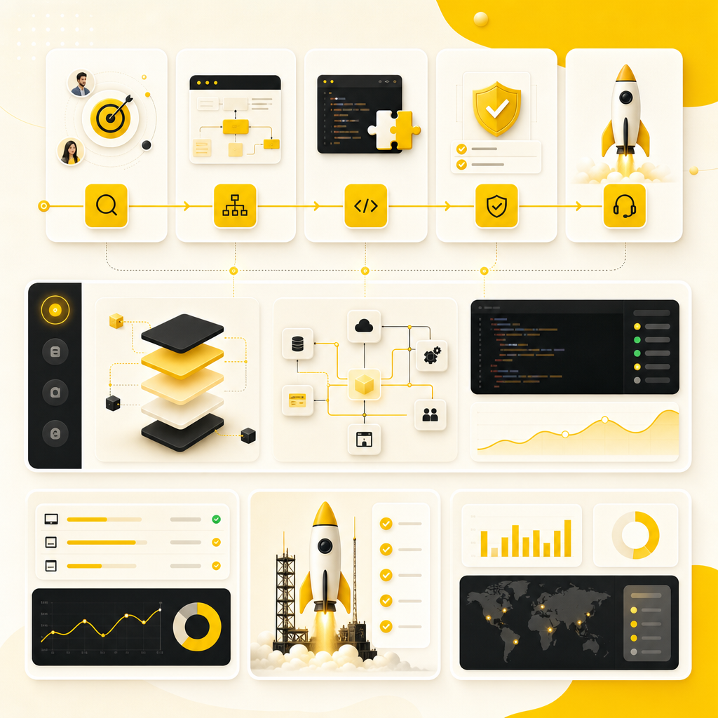 Premium dashboard illustration representing discovery, solution design, build, QA, launch, and support steps