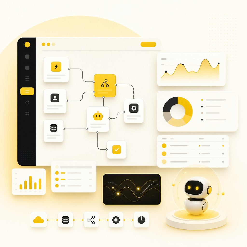 SaaS-style automation dashboard illustration with workflow cards, API connections, analytics panels, and AI agent modules